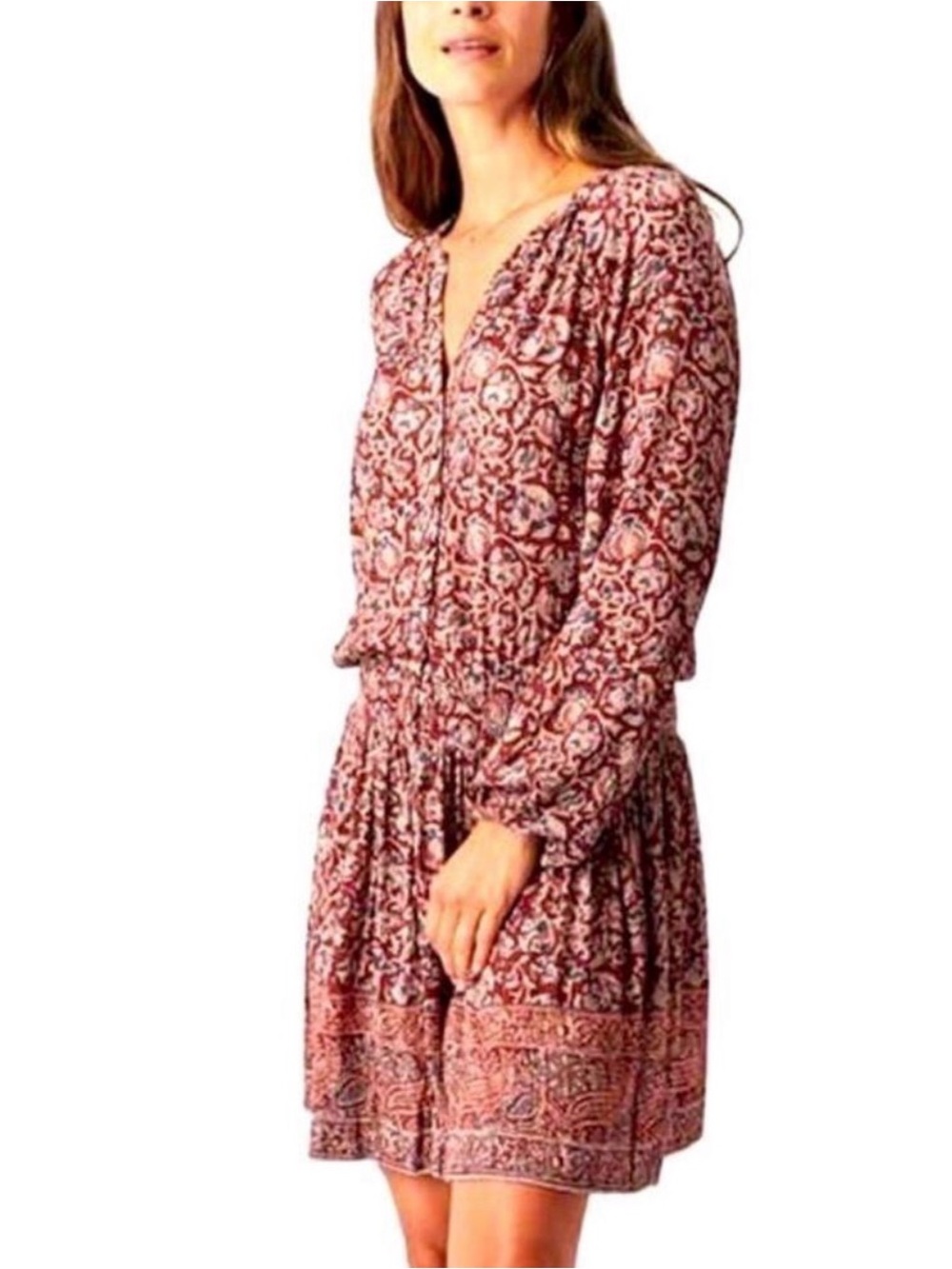 FAHERTY Montara Brown Red Floral Dress Paisley Boho Gauze Cotton Size Medium